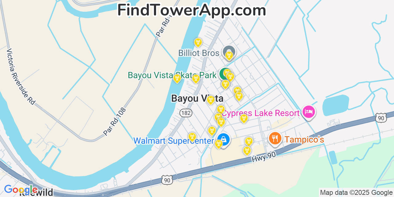 Map showing the 20 primary cell tower locations detected in Bayou Vista, Louisiana from AT&T, Verizon, and T-Mobile networks