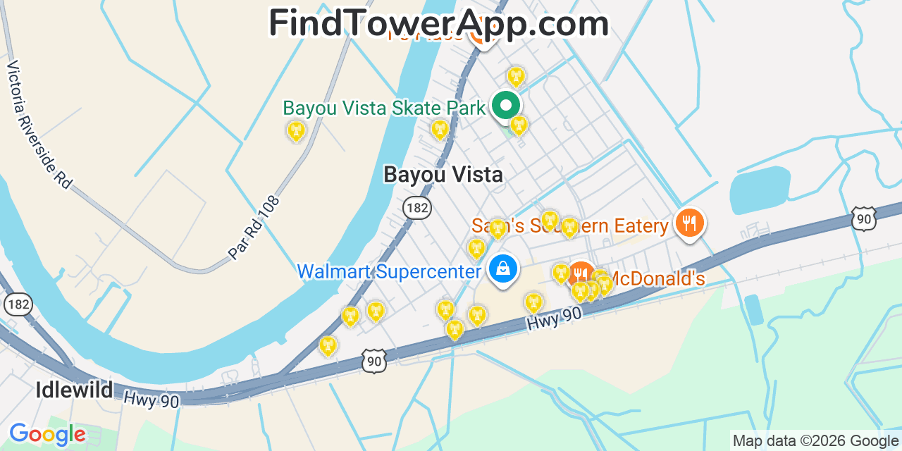 Map showing the 20 primary cell tower locations detected in Bayou Vista, Louisiana from AT&T, Verizon, and T-Mobile networks