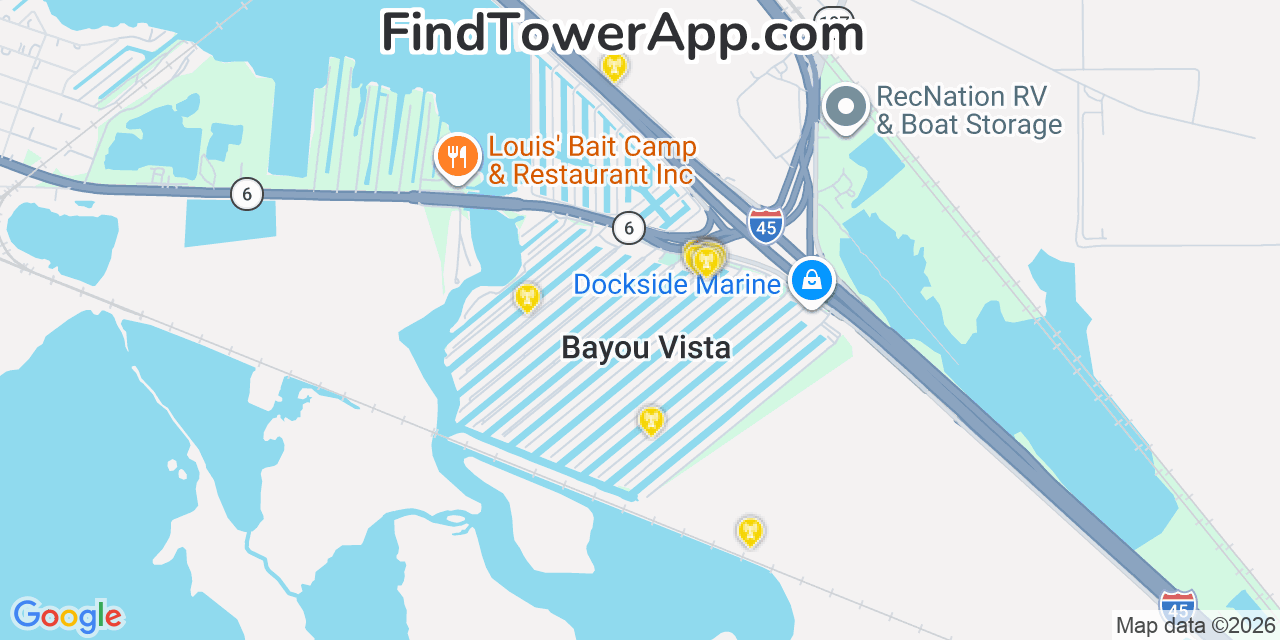 Map showing the 20 primary cell tower locations detected in Bayou Vista, Texas from AT&T, Verizon, and T-Mobile networks