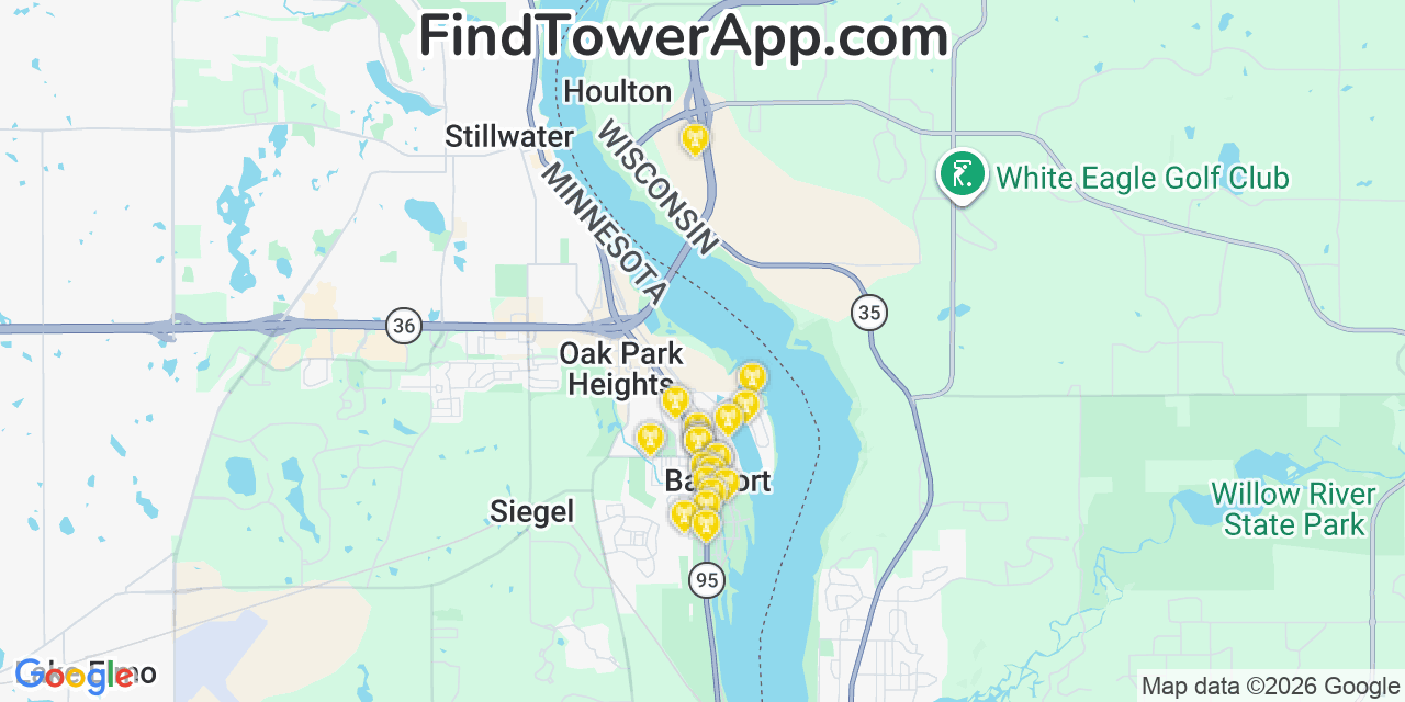 Map showing the 20 primary cell tower locations detected in Bayport, Minnesota from AT&T, Verizon, and T-Mobile networks