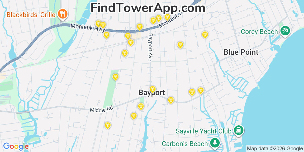 Map showing the 20 primary cell tower locations detected in Bayport, New York from AT&T, Verizon, and T-Mobile networks