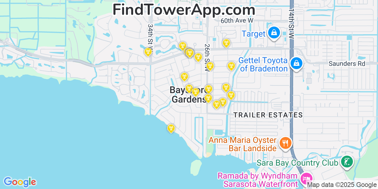 Map showing the 20 primary cell tower locations detected in Bayshore Gardens, Florida from AT&T, Verizon, and T-Mobile networks