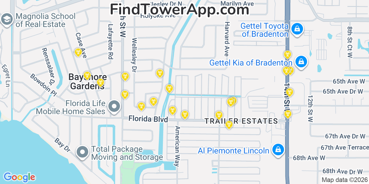 Map showing the 20 primary cell tower locations detected in Bayshore Gardens, Florida from AT&T, Verizon, and T-Mobile networks