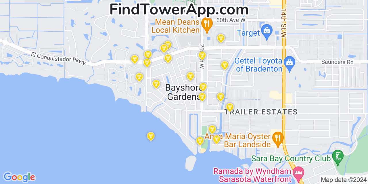 Verizon 4G/5G cell tower coverage map Bayshore Gardens, Florida