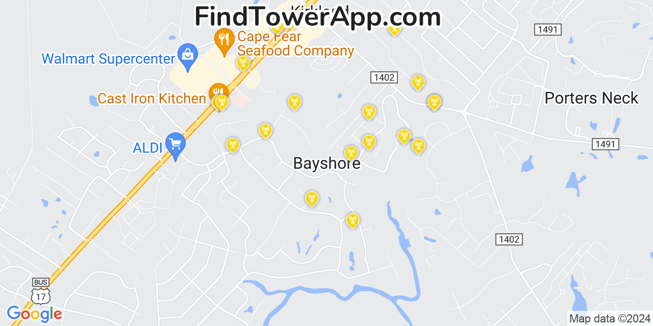 AT&T 4G/5G cell tower coverage map Bayshore, North Carolina