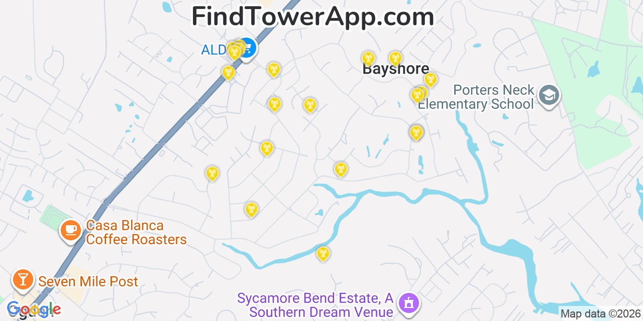 Map showing the 20 primary cell tower locations detected in Bayshore, North Carolina from AT&T, Verizon, and T-Mobile networks