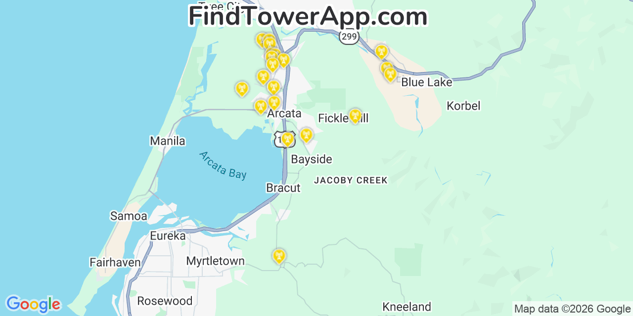 Map showing the 20 primary cell tower locations detected in Bayside, California from AT&T, Verizon, and T-Mobile networks