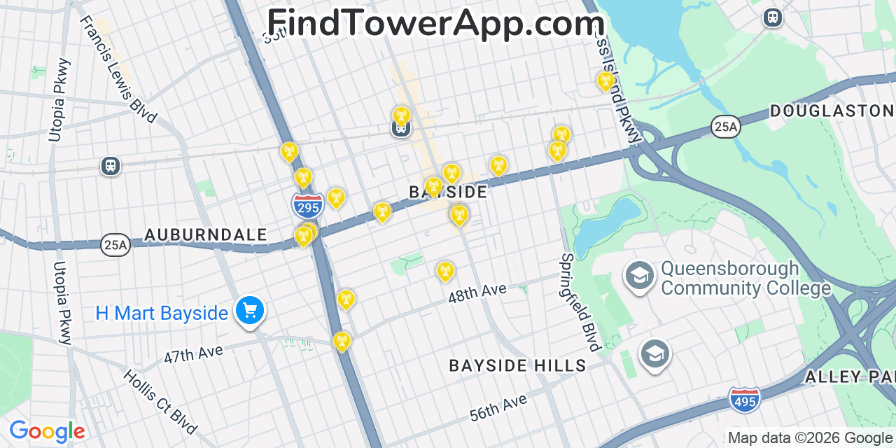 Map showing the 20 primary cell tower locations detected in Bayside, New York from AT&T, Verizon, and T-Mobile networks