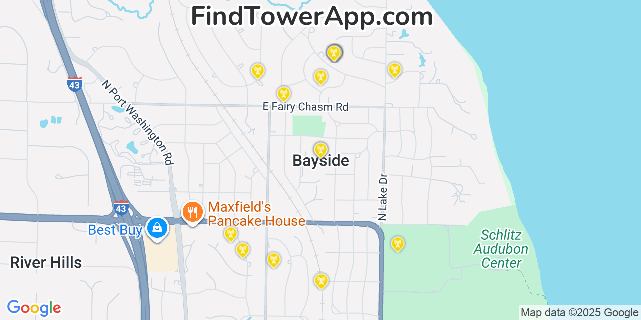 Map showing the 20 primary cell tower locations detected in Bayside, Wisconsin from AT&T, Verizon, and T-Mobile networks