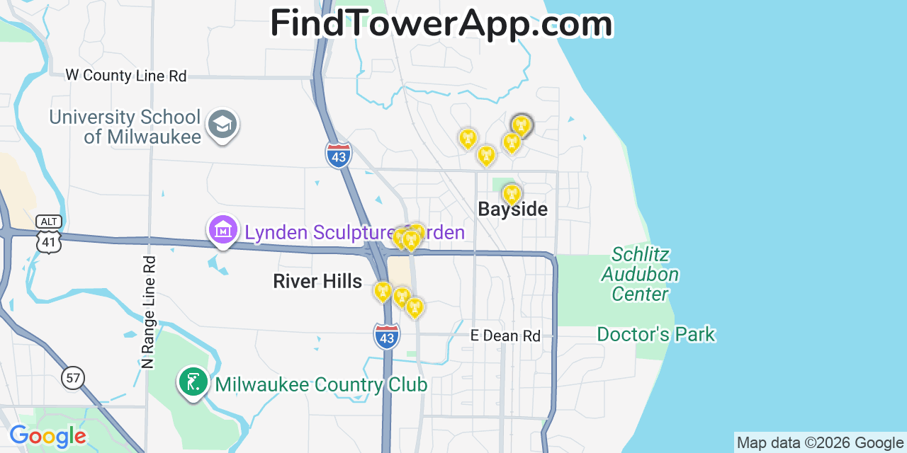 Map showing the 20 primary cell tower locations detected in Bayside, Wisconsin from AT&T, Verizon, and T-Mobile networks