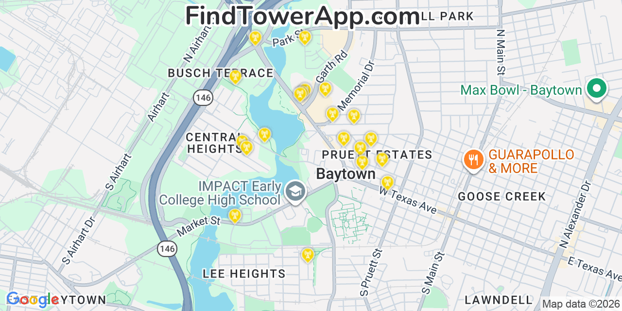 Map showing the 20 primary cell tower locations detected in Baytown, Texas from AT&T, Verizon, and T-Mobile networks