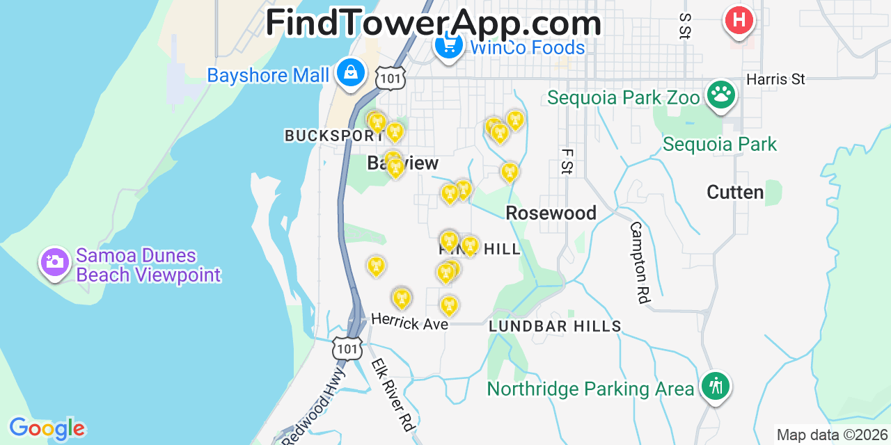 Map showing the 20 primary cell tower locations detected in Bayview, California from AT&T, Verizon, and T-Mobile networks