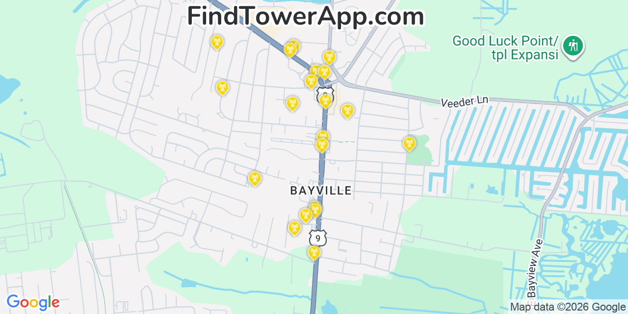 Map showing the 20 primary cell tower locations detected in Bayville, New Jersey from AT&T, Verizon, and T-Mobile networks