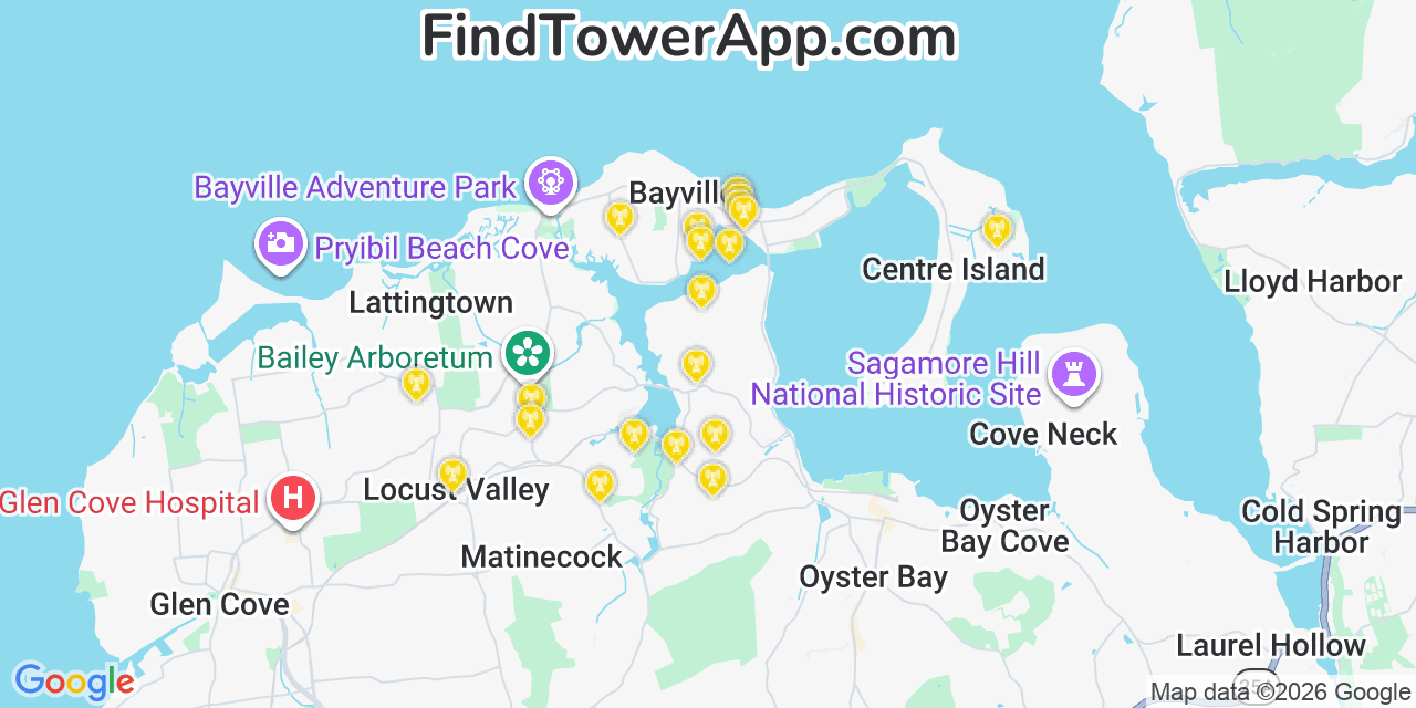 Map showing the 20 primary cell tower locations detected in Bayville, New York from AT&T, Verizon, and T-Mobile networks
