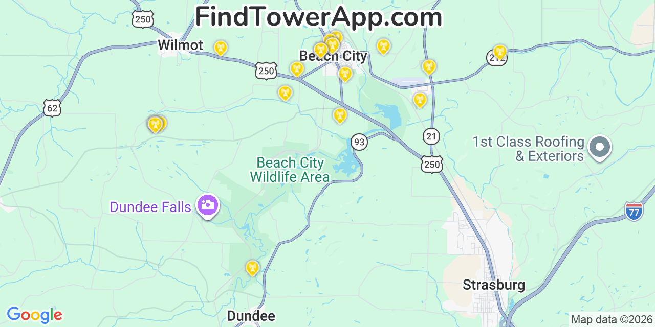 Map showing the 20 primary cell tower locations detected in Beach City, Ohio from AT&T, Verizon, and T-Mobile networks