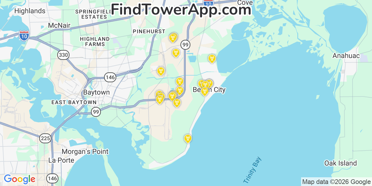 Map showing the 20 primary cell tower locations detected in Beach City, Texas from AT&T, Verizon, and T-Mobile networks