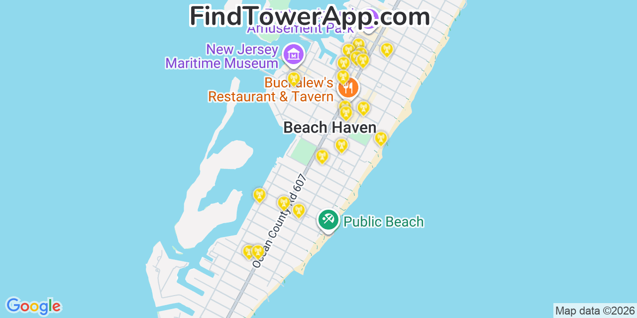 Map showing the 20 primary cell tower locations detected in Beach Haven, New Jersey from AT&T, Verizon, and T-Mobile networks