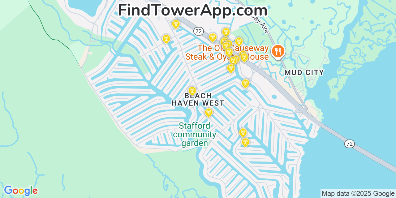 Map showing the 20 primary cell tower locations detected in Beach Haven West, New Jersey from AT&T, Verizon, and T-Mobile networks