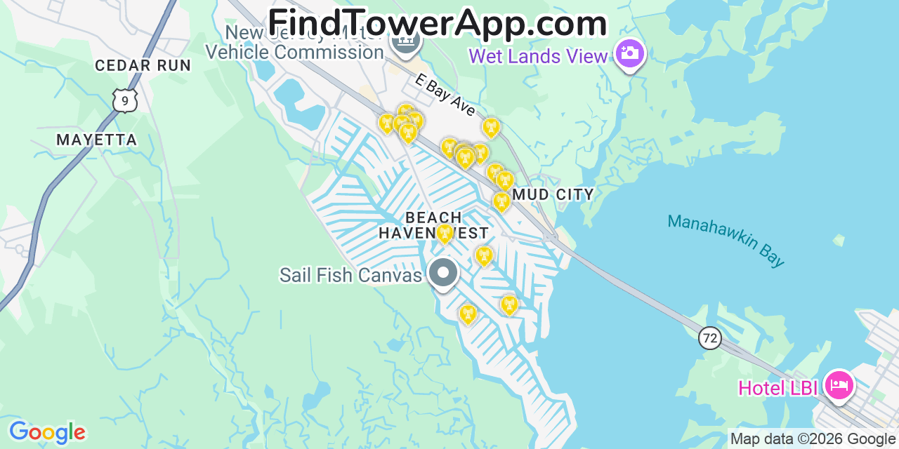 Map showing the 20 primary cell tower locations detected in Beach Haven West, New Jersey from AT&T, Verizon, and T-Mobile networks