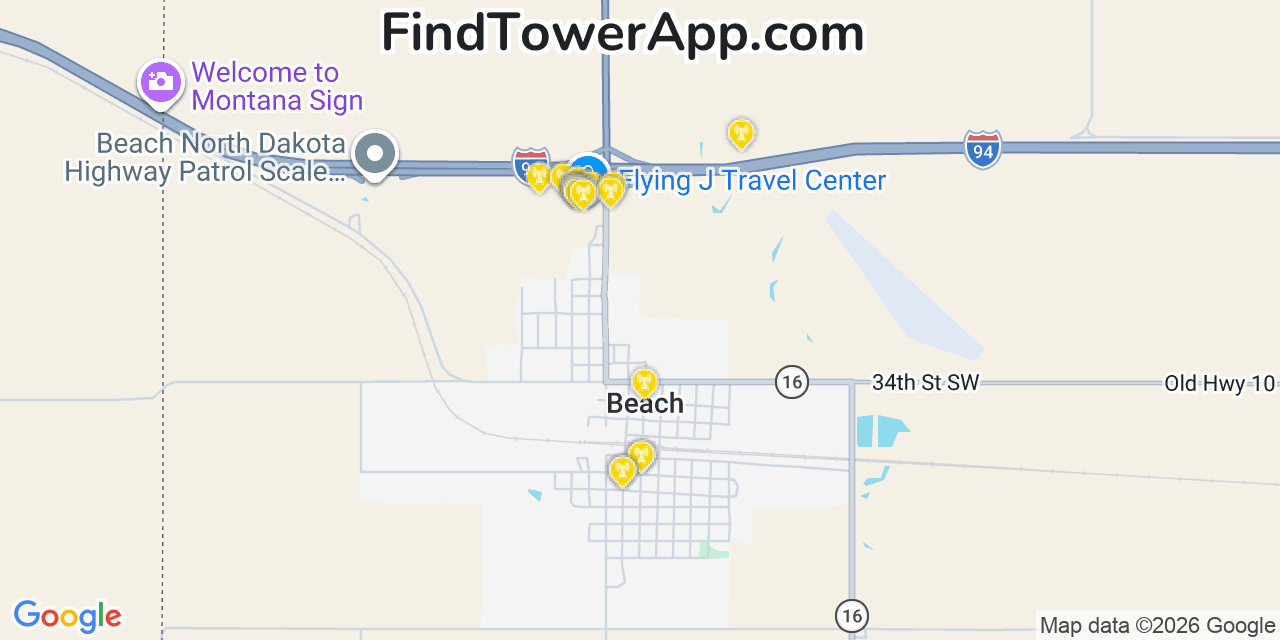 Map showing the 20 primary cell tower locations detected in Beach, North Dakota from AT&T, Verizon, and T-Mobile networks