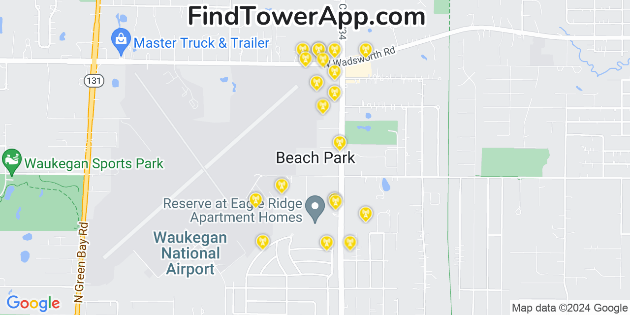 AT&T 4G/5G cell tower coverage map Beach Park, Illinois