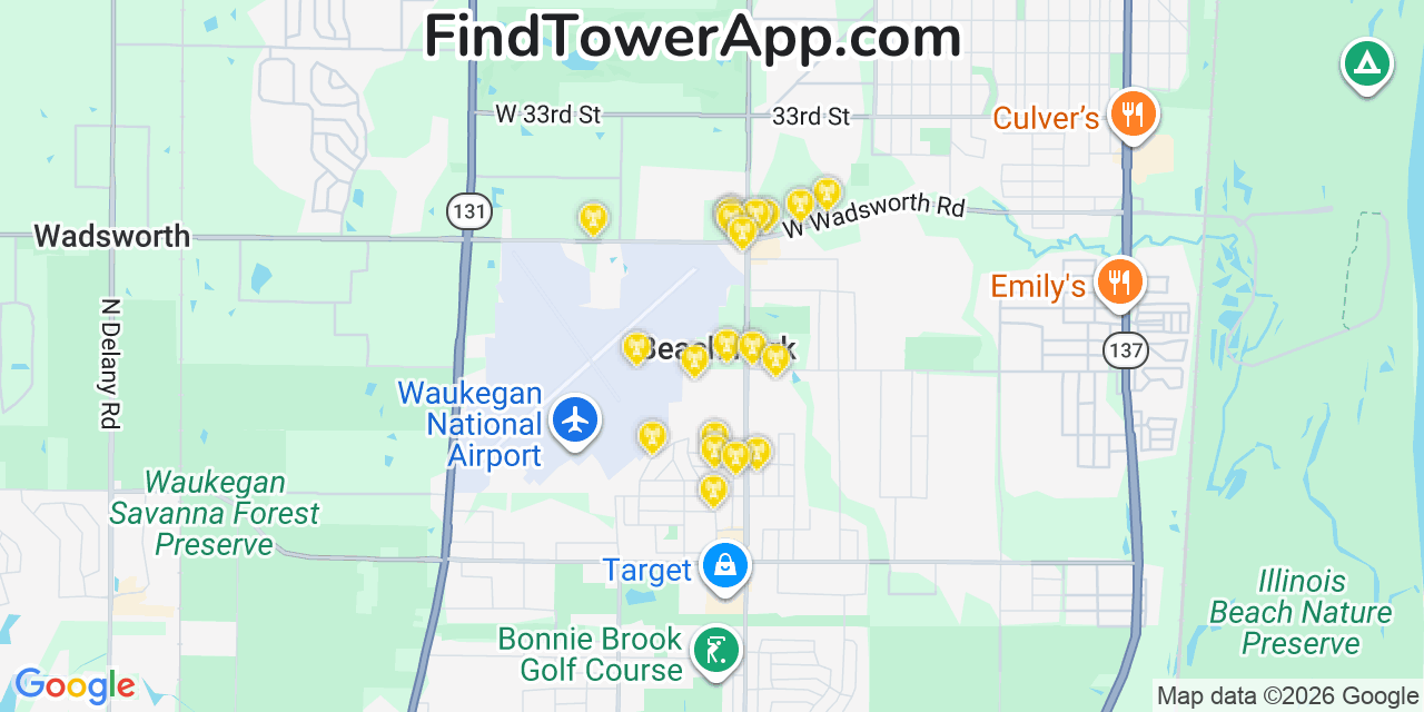 Map showing the 20 primary cell tower locations detected in Beach Park, Illinois from AT&T, Verizon, and T-Mobile networks