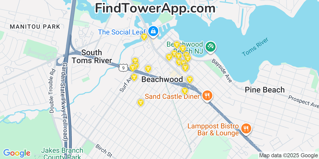 Map showing the 20 primary cell tower locations detected in Beachwood, New Jersey from AT&T, Verizon, and T-Mobile networks