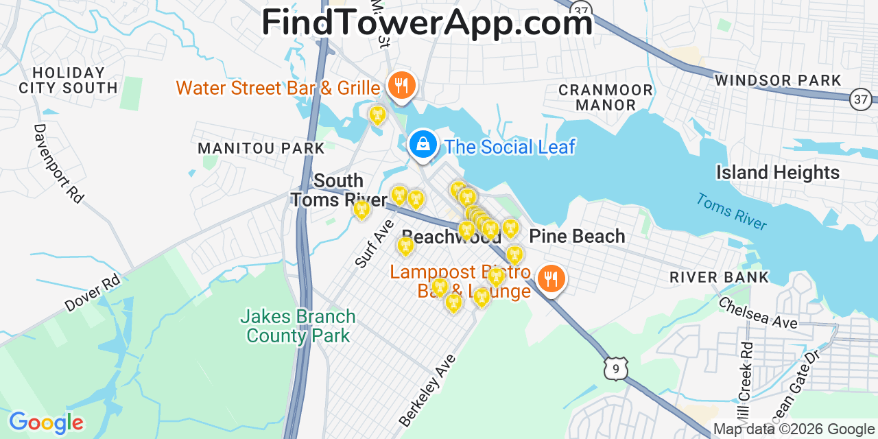 Map showing the 20 primary cell tower locations detected in Beachwood, New Jersey from AT&T, Verizon, and T-Mobile networks