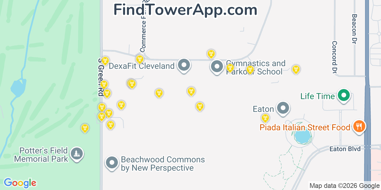 Map showing the 20 primary cell tower locations detected in Beachwood, Ohio from AT&T, Verizon, and T-Mobile networks