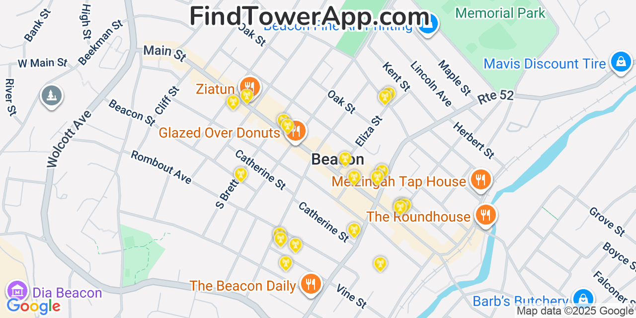 Map showing the 20 primary cell tower locations detected in Beacon, New York from AT&T, Verizon, and T-Mobile networks