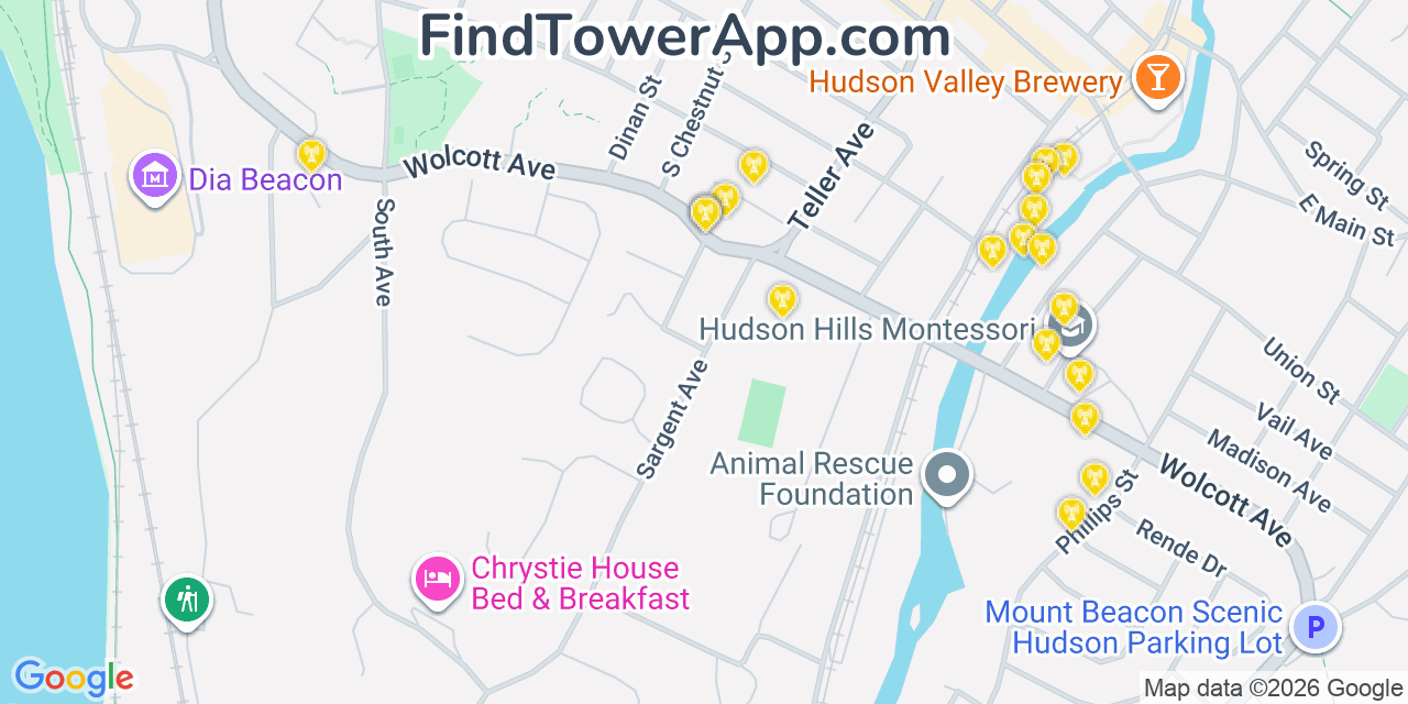 Map showing the 20 primary cell tower locations detected in Beacon, New York from AT&T, Verizon, and T-Mobile networks