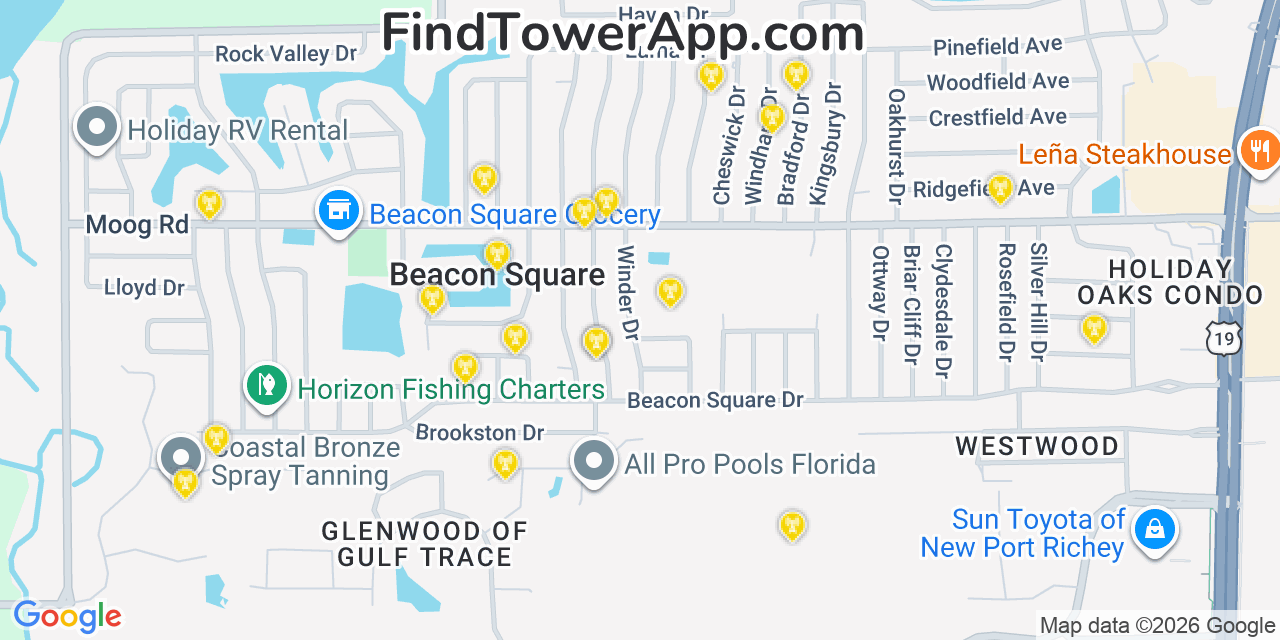 Map showing the 20 primary cell tower locations detected in Beacon Square, Florida from AT&T, Verizon, and T-Mobile networks