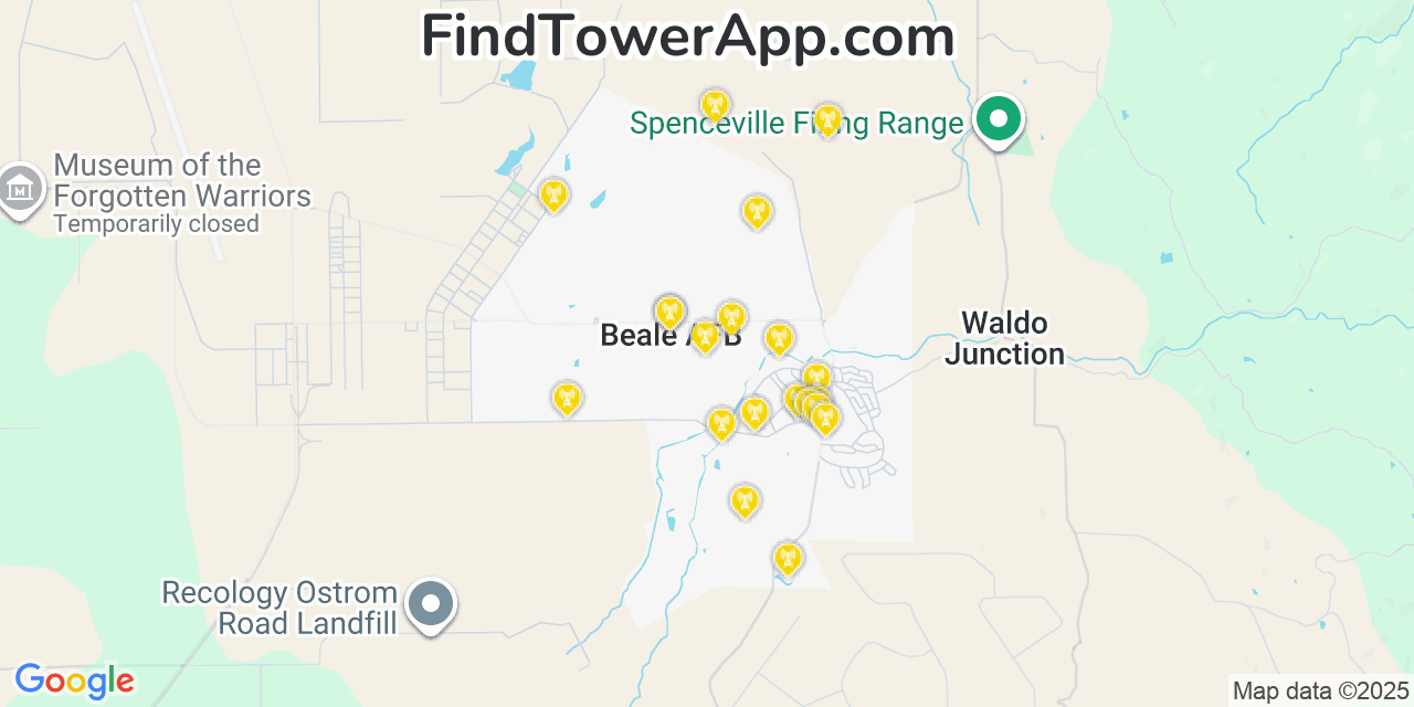 Map showing the 20 primary cell tower locations detected in Beale Air Force Base, California from AT&T, Verizon, and T-Mobile networks