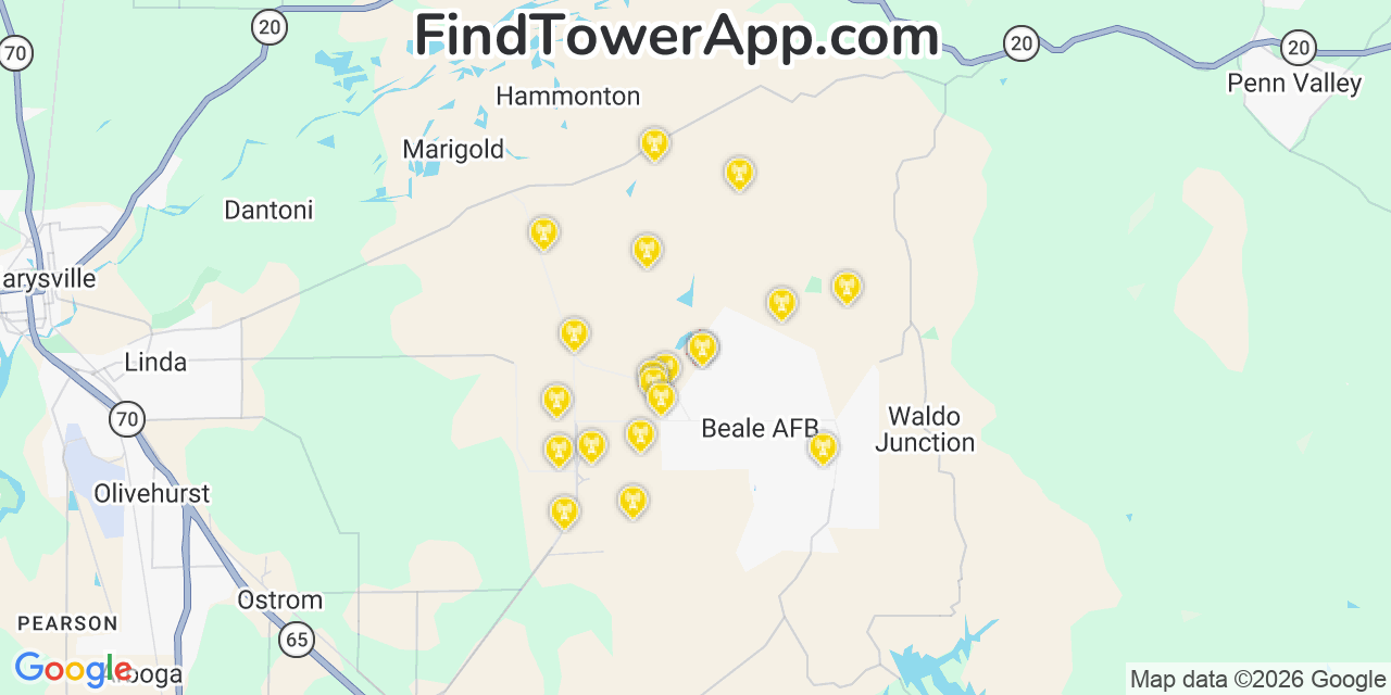 Map showing the 20 primary cell tower locations detected in Beale Air Force Base, California from AT&T, Verizon, and T-Mobile networks