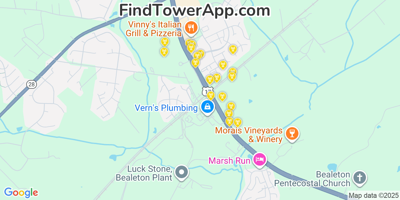 Map showing the 20 primary cell tower locations detected in Bealeton, Virginia from AT&T, Verizon, and T-Mobile networks