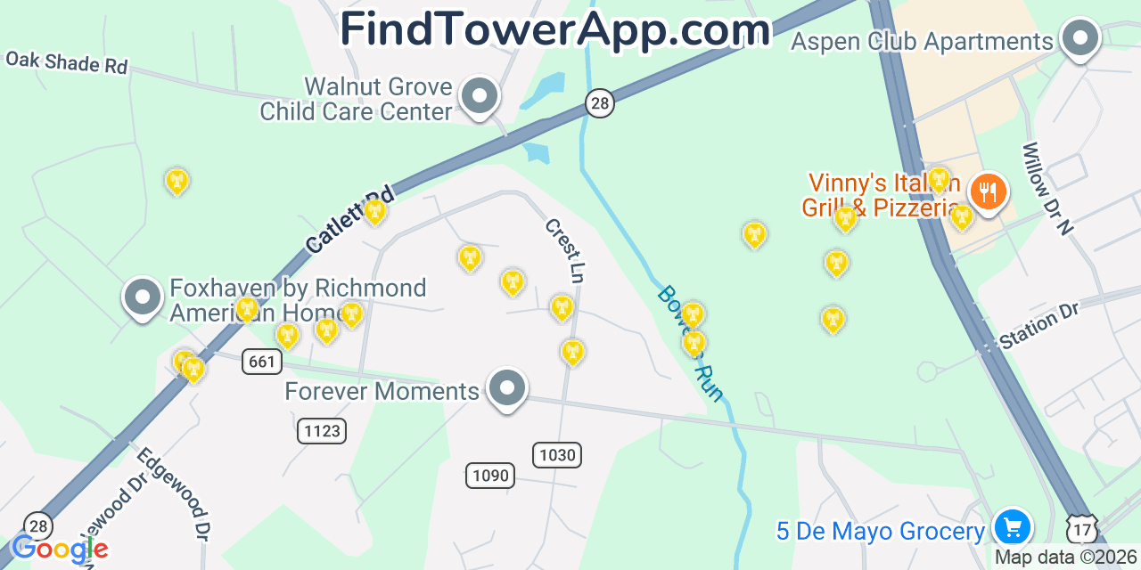 Map showing the 20 primary cell tower locations detected in Bealeton, Virginia from AT&T, Verizon, and T-Mobile networks