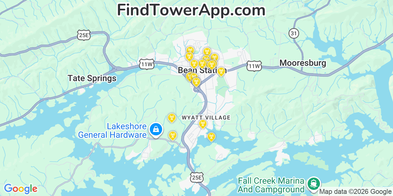 Map showing the 20 primary cell tower locations detected in Bean Station, Tennessee from AT&T, Verizon, and T-Mobile networks