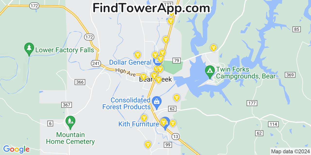 AT&T 4G/5G cell tower coverage map Bear Creek, Alabama