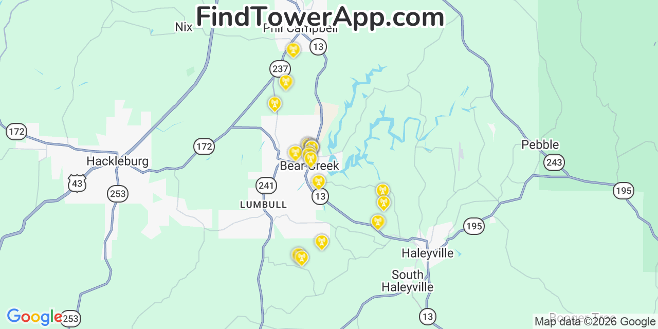Map showing the 20 primary cell tower locations detected in Bear Creek, Alabama from AT&T, Verizon, and T-Mobile networks