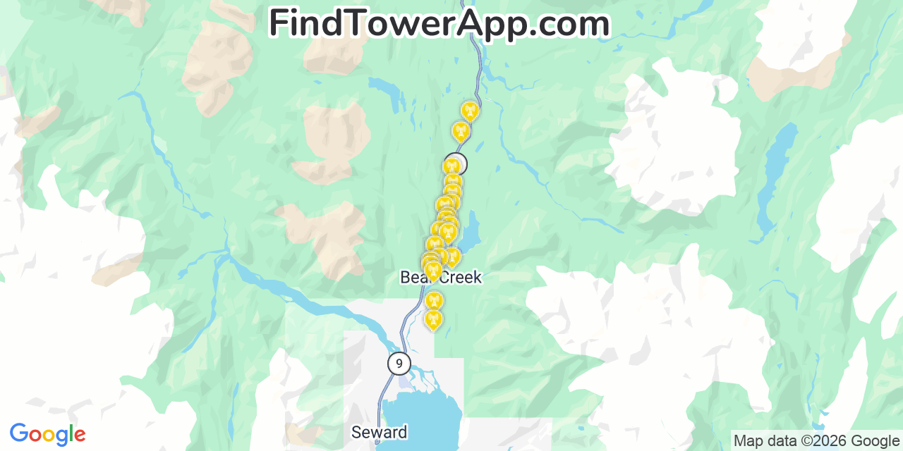 Map showing the 20 primary cell tower locations detected in Bear Creek, Alaska from AT&T, Verizon, and T-Mobile networks