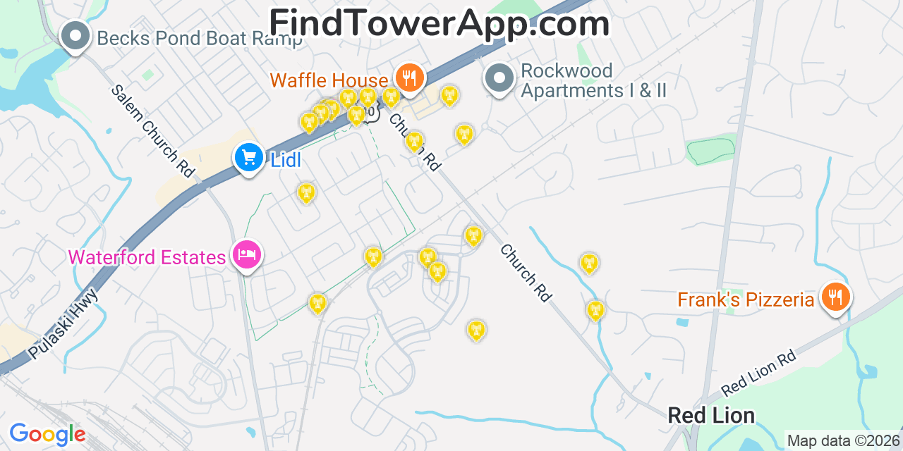 Map showing the 20 primary cell tower locations detected in Bear, Delaware from AT&T, Verizon, and T-Mobile networks