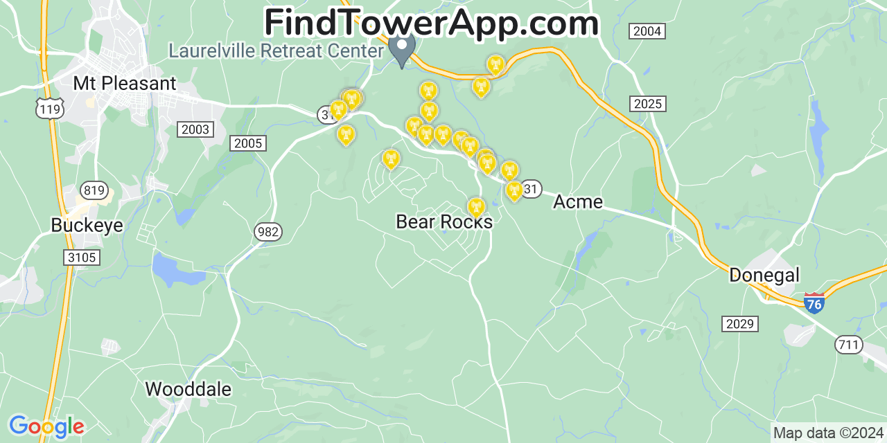 AT&T 4G/5G cell tower coverage map Bear Rocks, Pennsylvania