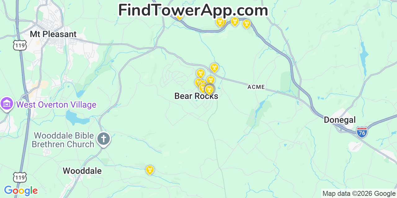 Map showing the 20 primary cell tower locations detected in Bear Rocks, Pennsylvania from AT&T, Verizon, and T-Mobile networks