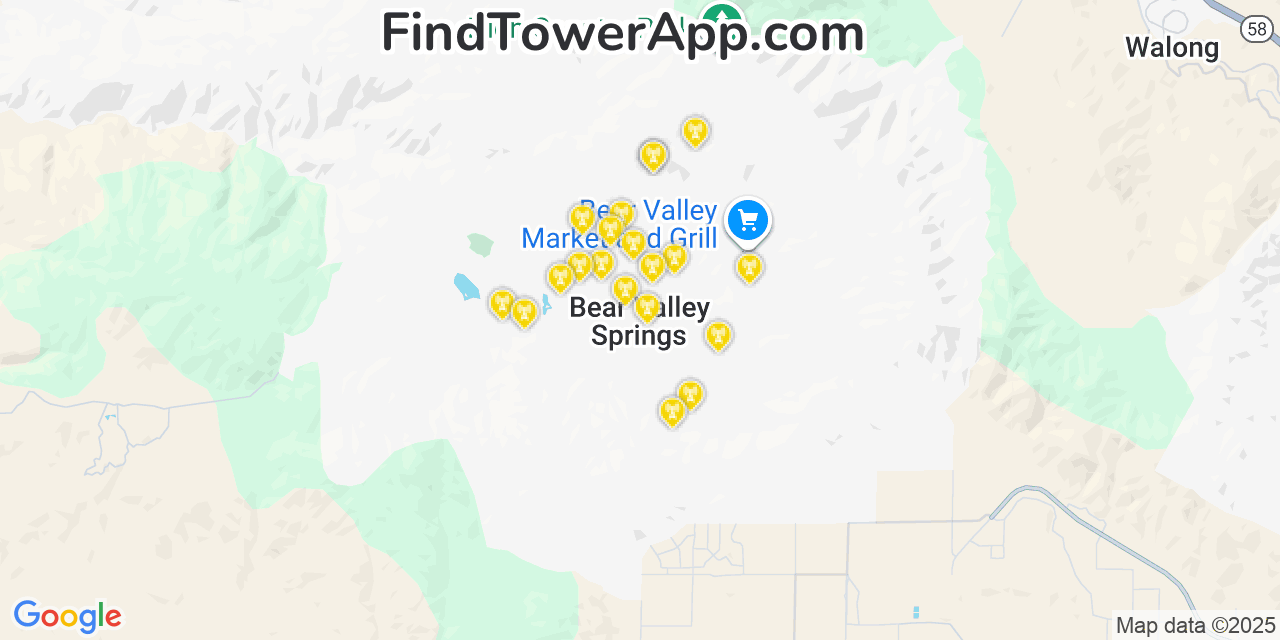 Map showing the 20 primary cell tower locations detected in Bear Valley Springs, California from AT&T, Verizon, and T-Mobile networks