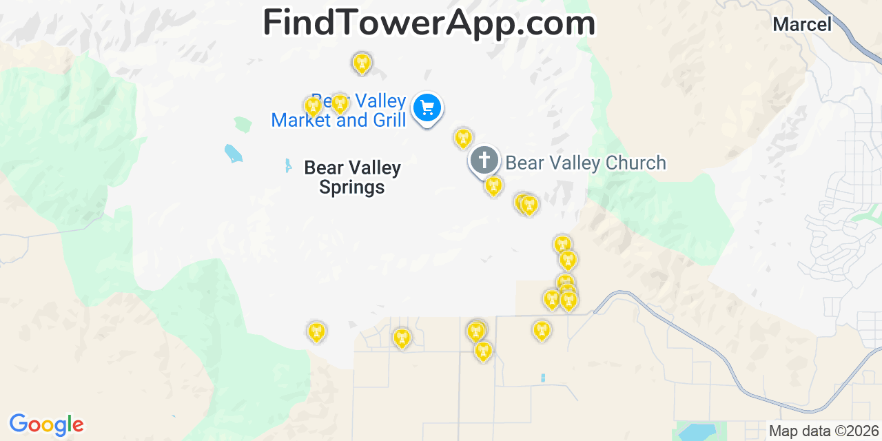 Map showing the 20 primary cell tower locations detected in Bear Valley Springs, California from AT&T, Verizon, and T-Mobile networks
