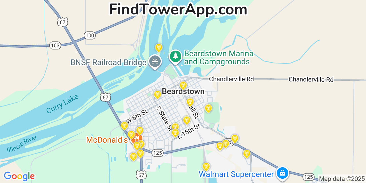 Map showing the 20 primary cell tower locations detected in Beardstown, Illinois from AT&T, Verizon, and T-Mobile networks
