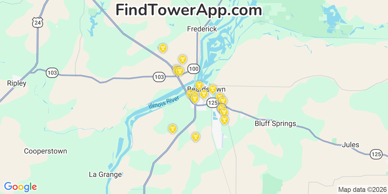 Map showing the 20 primary cell tower locations detected in Beardstown, Illinois from AT&T, Verizon, and T-Mobile networks