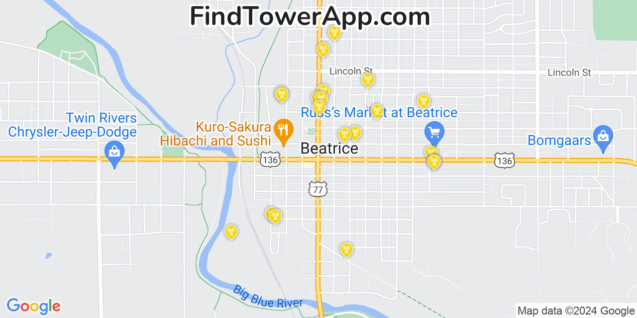 AT&T 4G/5G cell tower coverage map Beatrice, Nebraska