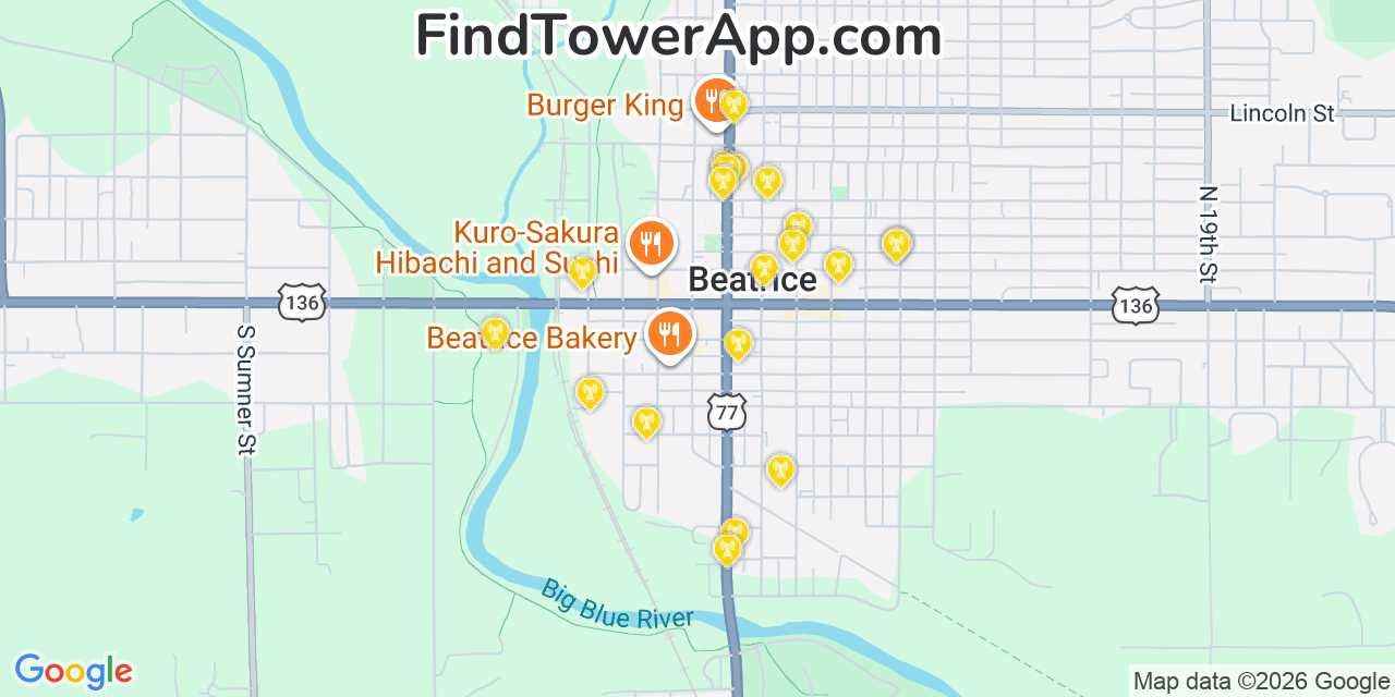 Map showing the 20 primary cell tower locations detected in Beatrice, Nebraska from AT&T, Verizon, and T-Mobile networks