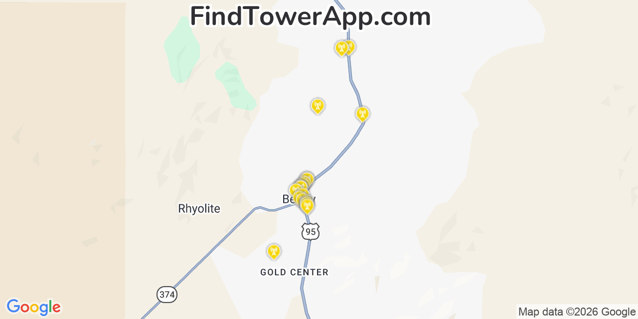 Map showing the 20 primary cell tower locations detected in Beatty, Nevada from AT&T, Verizon, and T-Mobile networks